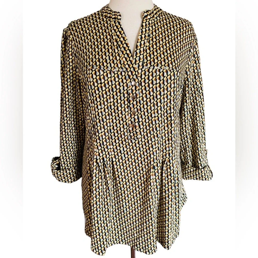 COCOMO 3X yellow brown poly spandex flannel 3/4 sleeve women’s Pintuck tunic - Picture 1 of 15